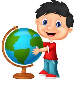 Cute boy cartoon looking at globe Stock Illustration