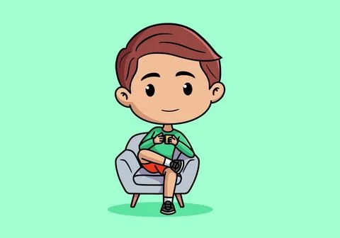 Cute boy character sitting on the sofa and drinking coffee design Stock Illustration