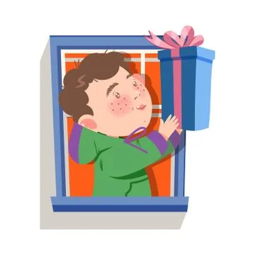 Cute Boy Character in the Window Giving Gift Box with Ribbon Bow Vector Stock Illustration
