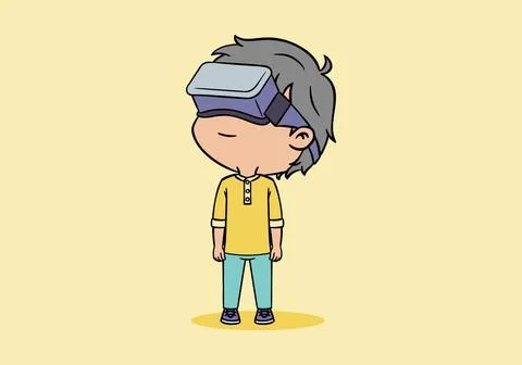 Cute boy chibi character using virtual reality VR gadget Stock Illustration