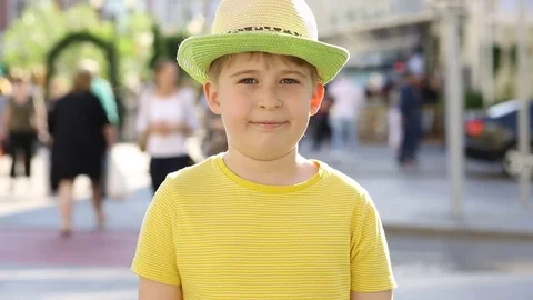 Cute boy in city. Face portrait. Stock Footage
