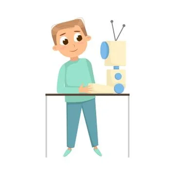 Cute Boy Creating and Programming Smart Robot, Programming Lesson Educational Illustrazione stock