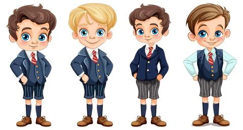 Cute boy in different races student in uniform set Illustrazione stock