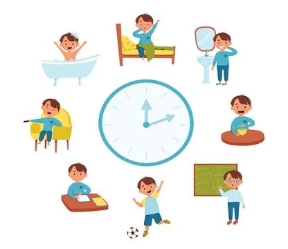 A cute boy in different situationsvector illustration. Daily routine with blu Stock Illustration