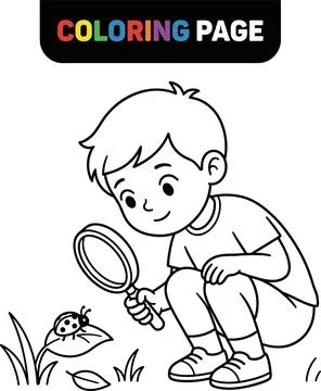 Cute Boy Discovering Ladybug with Magnifying Glass Coloring Page. Stock Illustration