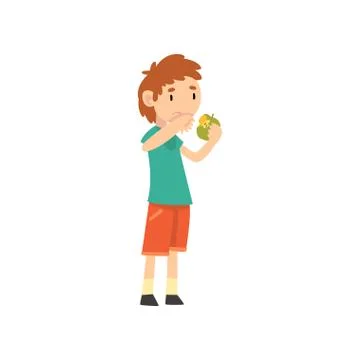 Cute Boy Does Not Want to Eat Apple, Child Does Not Like Fruits Vector Stock Illustration
