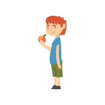 Cute Boy Does Not Want to Eat Apple, Child Does Not Like Healthy Food Vector Stock Illustration