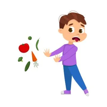 Cute Boy Does Not Want to Eat Vegetables, Kid Refusing to Eat Healthy Food Stock Illustration