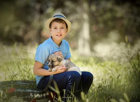 Cute boy with a dog Stock Photos