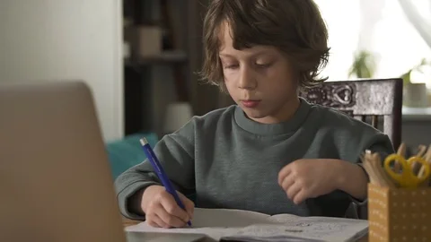 Cute boy is doing homework at table with laptop at home during pandemic spbd. Stock Footage 130170898