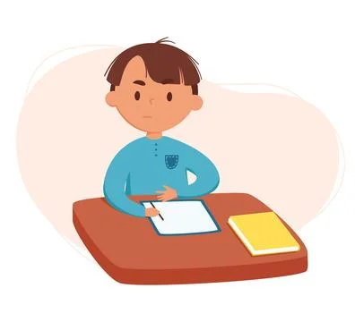 Cute boy doing homework vector illustration. Daily routine. Schedule. Illus.. Stock Illustration