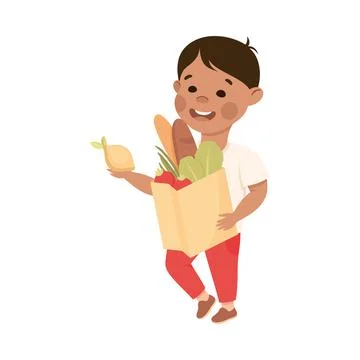 Cute Boy Doing Housework and Housekeeping Carrying Shopping Bag Vector 스톡 일러스트