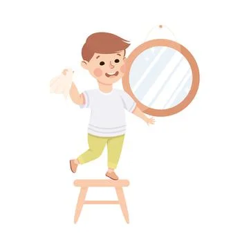 Cute Boy Doing Housework and Housekeeping Standing on Chair Wiping Mirror Vector Stock Illustration