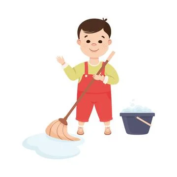 Cute Boy Doing Housework and Housekeeping Mopping the Floor Vector Illustration 스톡 일러스트