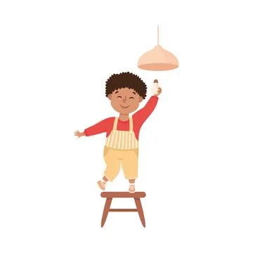 Cute Boy Doing Housework and Housekeeping Standing on Chair Screwing in Light Ilustração Stock