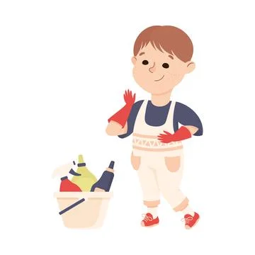 Cute Boy Doing Housework and Housekeeping Wearing Gloves and Using Detergents Stock Illustration
