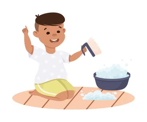 Cute Boy Doing Housework and Housekeeping Rubbing Carpet with Brush and Soap Stock Illustration