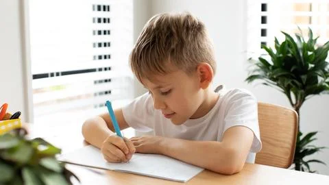 Cute boy doing school homework at home. Distance education. Online education. Foto stock