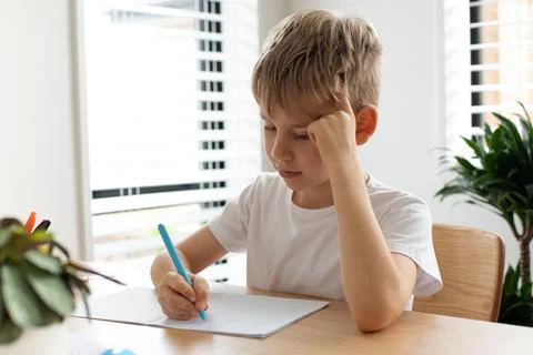 Cute boy doing school homework at home. Distance education. Online education. Stock Photos