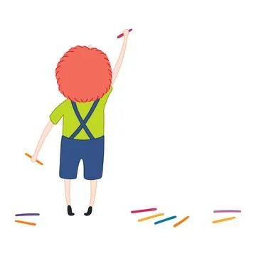 Cute boy drawing with crayons hand drawn cartoon character illustration Stock Illustration