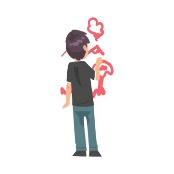 Cute Boy Drawing Pictures Scribbles on Wall, View from Behind Cartoon Style Stock Illustration