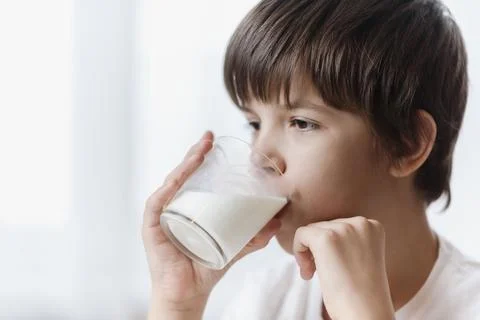 Cute boy drinking milk from a glass at home Stock Photos