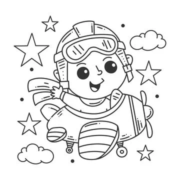 Cute boy driving a plane for coloring Stock Illustration