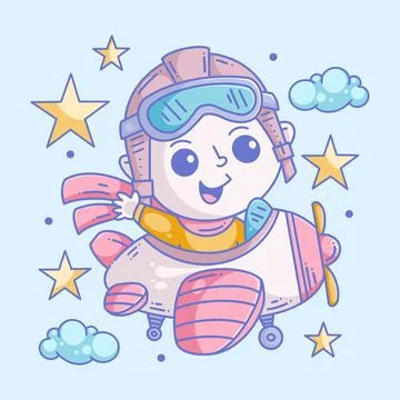 Cute boy driving a plane full color Stock Illustration