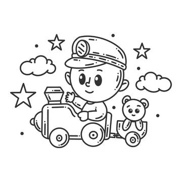 Cute boy driving a train for coloring Stock Illustration