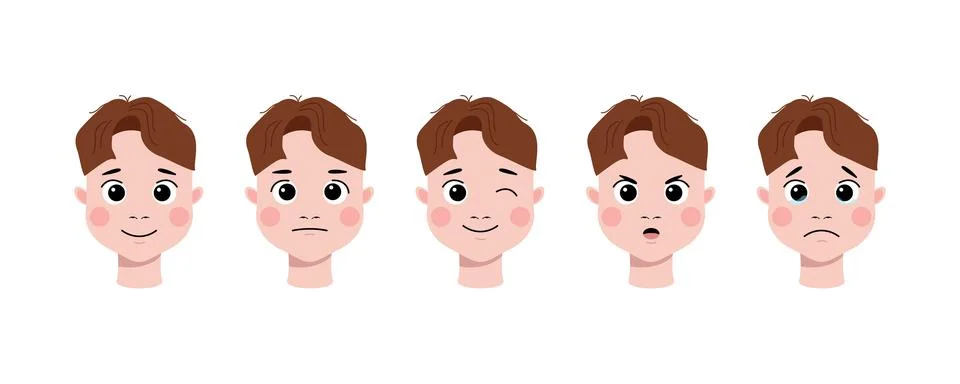 Cute boy face expressions set showing various emotions in flat vector style Stock Illustration