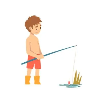 Cute boy fisherman holding fishing rod and fish cartoon character  illustration, Vectors