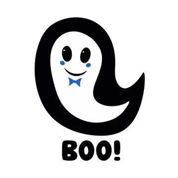 Cute boy ghost with blue bow tie and boo word. Halloween greeting card. Isola Stock Illustration