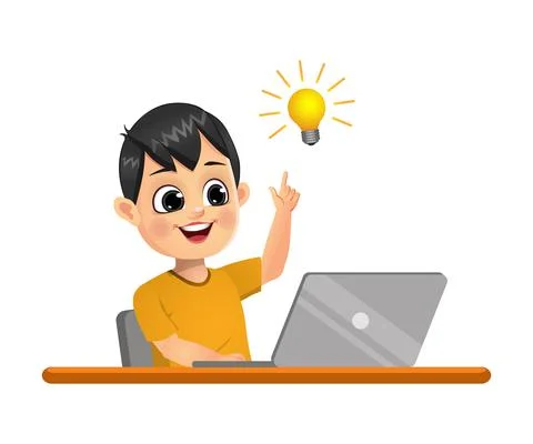 Cute boy got the idea while using laptop vector Stock Illustration