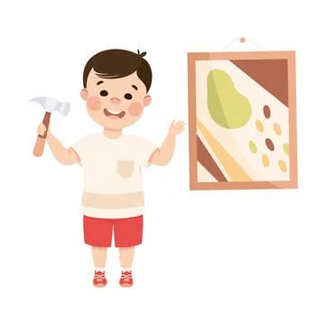 Cute Boy with Hammer Doing Housework and Housekeeping Hanging Picture on the Stock Illustration