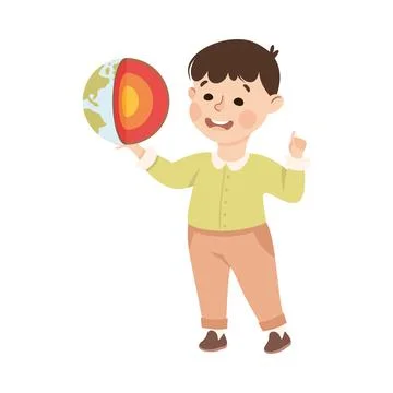 Cute Boy Having Geography Lesson, Elementary School Student Learning Earth Illustrazione stock
