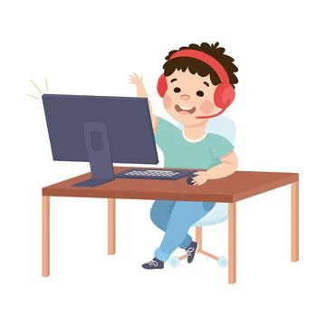 Cute Boy with Headset in Front of Computer Screen Waving Hand Vector Stock Illustration