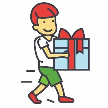 Cute boy holding big gift box concept. Line vector icon. Editable stroke. Fla Illustrazione stock