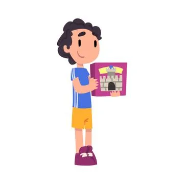 Cute Boy Holding Box of Blocks Constructor, Adorable Kid Playing with Favorite Stock Illustration