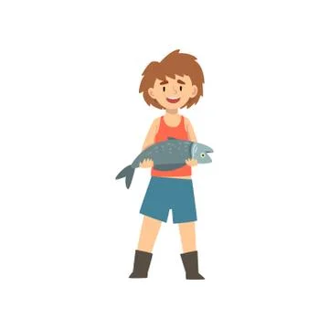 Cute Boy Holding Caught Fish, Little Fisherman Cartoon Character Vector Stock Illustration