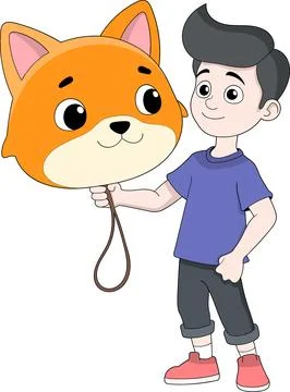 Cute Boy Holding Fox Mask Imagination Cartoon Illustration Stock Illustration