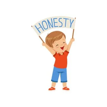Cute boy holding message board with text Honesty over his head vector Stock Illustration