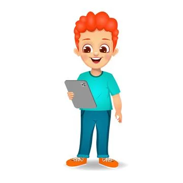 Cute boy holding tablet vector Stock Illustration