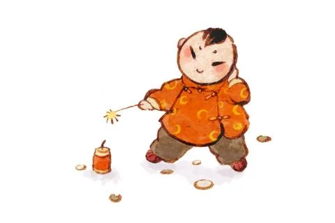 Cute boy igniting firework Stock Illustration