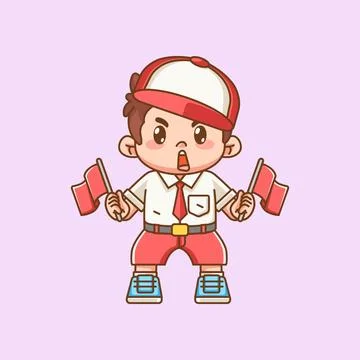 Cute boy Indonesian student elementary school cheer hold two flag kawaii Stock Illustration