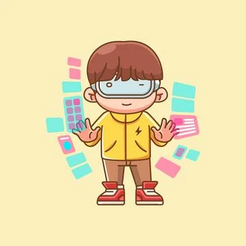 Cute boy interact virtual reality glasses vr chibi kawaii character mascot Illustrazione stock