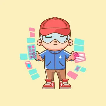 Cute boy interact virtual reality glasses vr chibi kawaii character mascot Stock Illustration