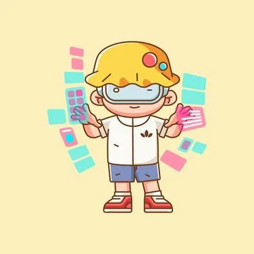 Cute boy interact virtual reality glasses vr chibi kawaii character mascot Stock Illustration