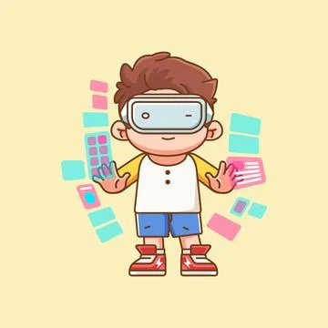 Cute boy interact virtual reality glasses vr chibi kawaii character mascot Stock Illustration
