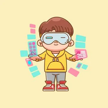 Cute boy interact virtual reality glasses vr chibi kawaii character mascot Illustrazione stock