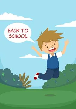 Cute boy jumping happily with back to school speech bubble Stock Illustration
